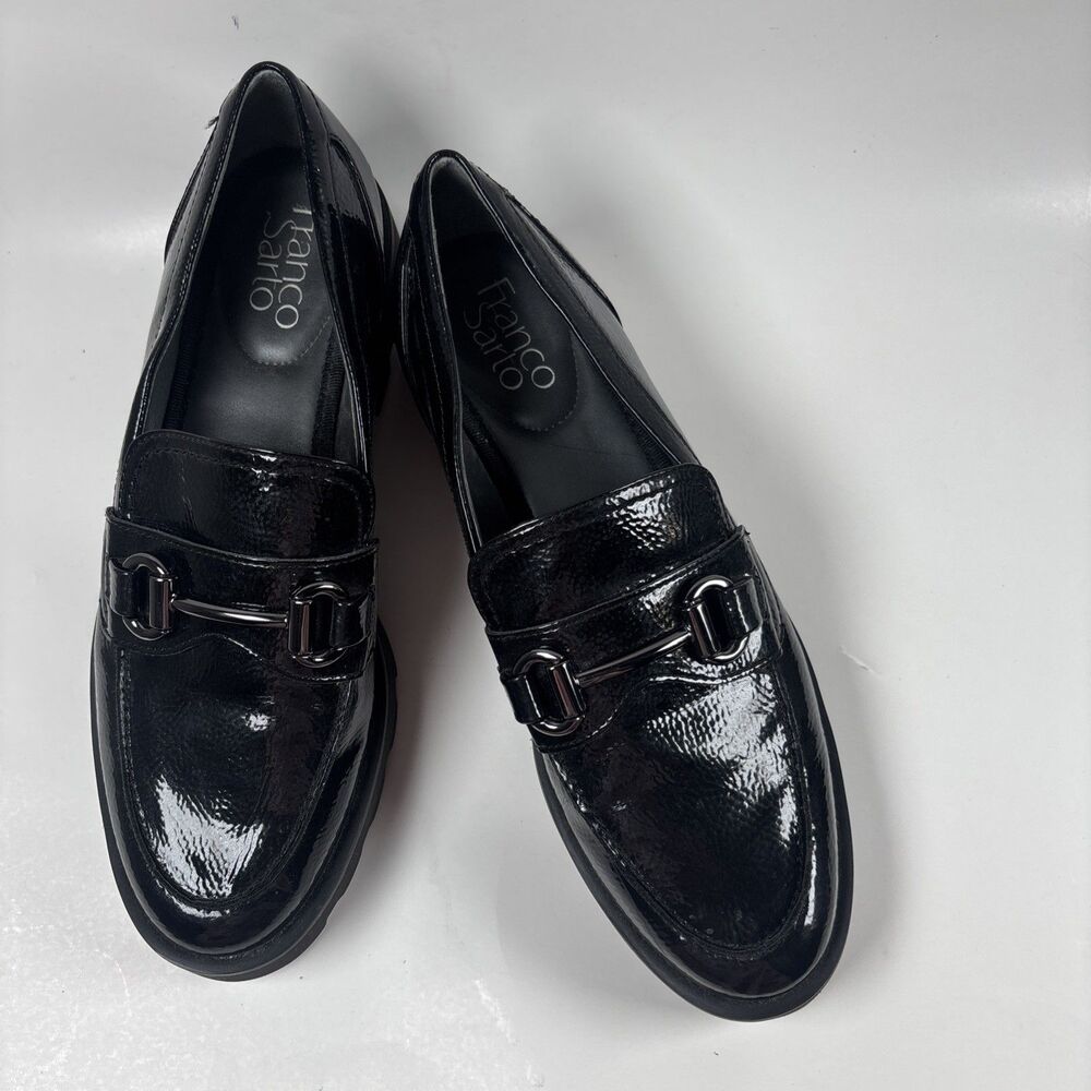 Franco Sarto Black Patent Horsebit Loafers Womens Chunky lug sole platform 7.5